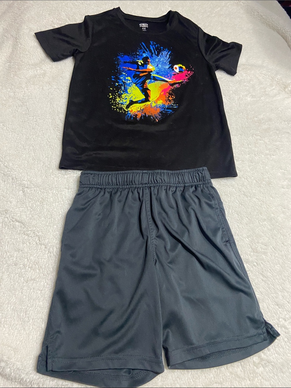 Athletic Works Black Rash Guard with Bright Multicolor Soccer Splash